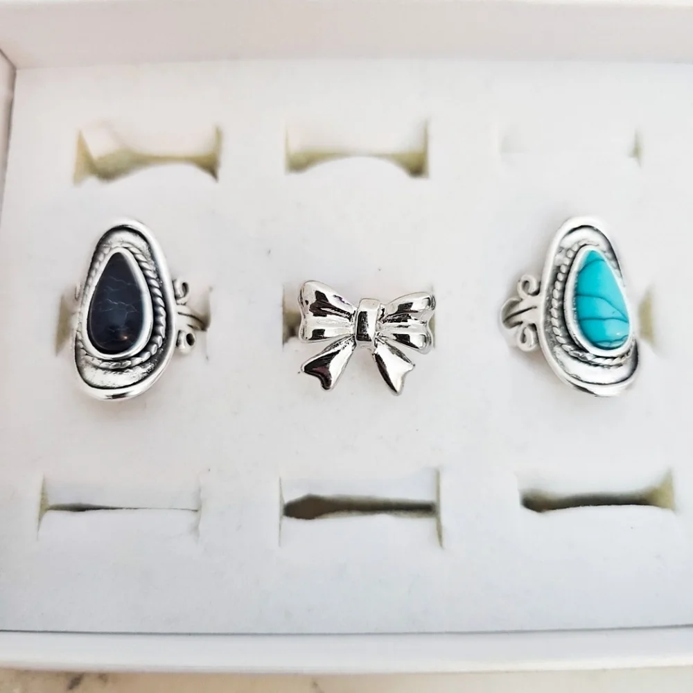 3pc Fashion Ring Set Silver Bow Black Stone Blue Country Girl Southwestern